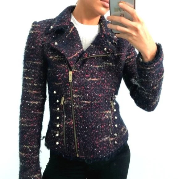 ZARA Burgundy Wool Tweed Boucle Asymmetric Zip Studded Moto Blazer Jacket. SZ M - Picture 1 of 6